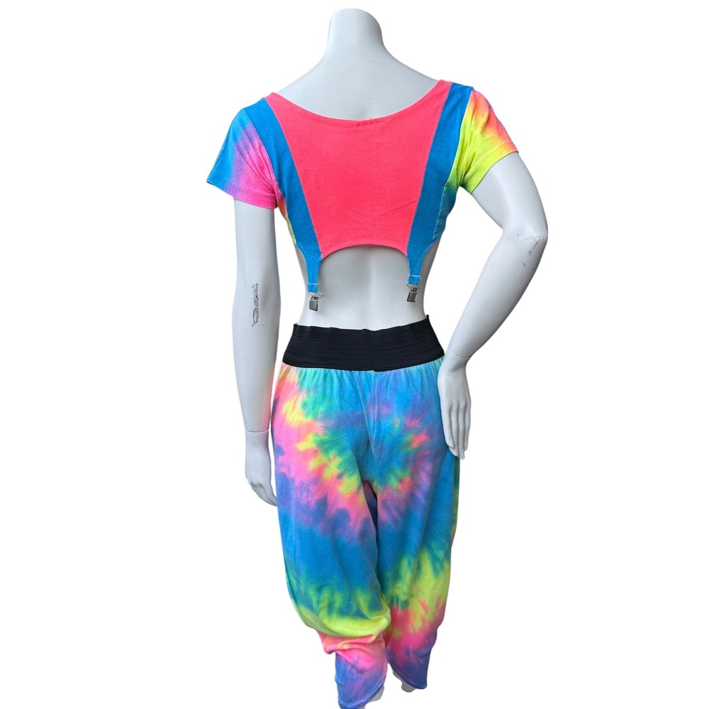Vintage Neon Tie Dye 2Pc Set Suspender Crop Top Harem Pants Dopamine Dressing M - Picture 7 of 16